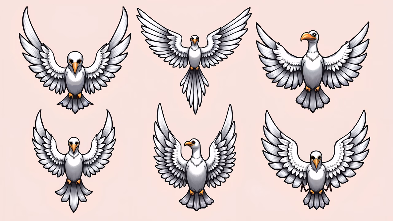 Monochromatic flying birds illustration on a soft pink background.