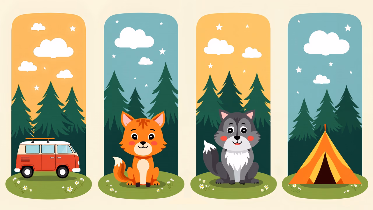 A delightful forest adventure with animals and a van, perfect for children!
