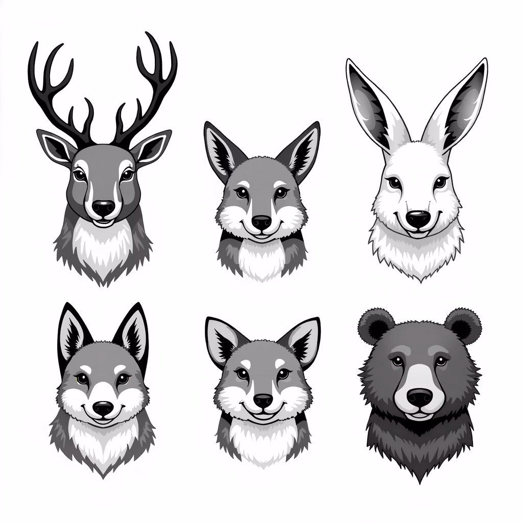Detailed monochromatic animal portraits with expressive faces.