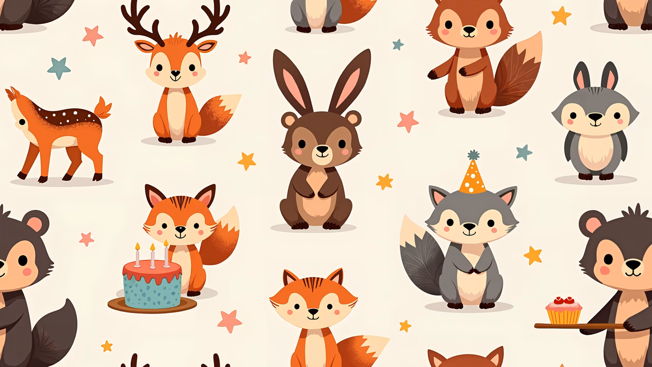 Cute forest animals celebrating with stars and treats.