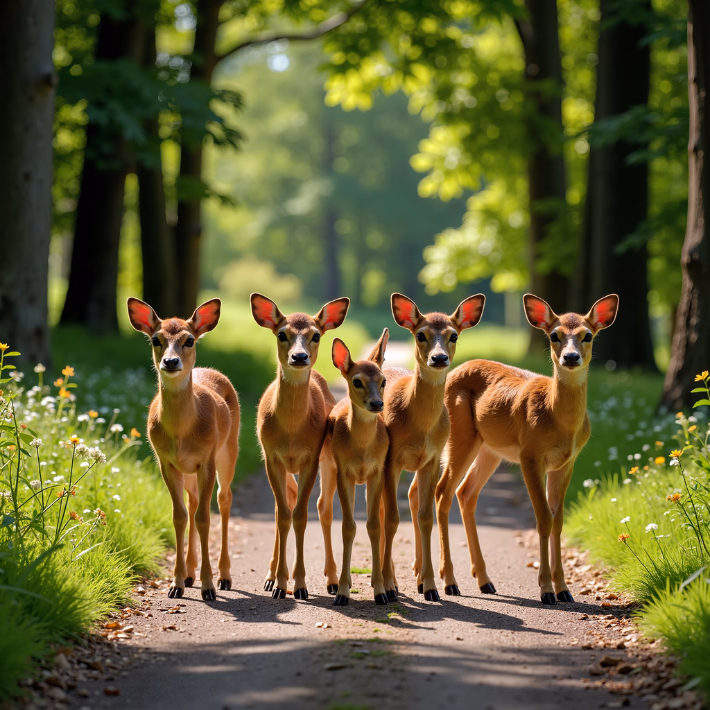 Five young deer gather on a sunlit forest path, surrounded by lush greenery.