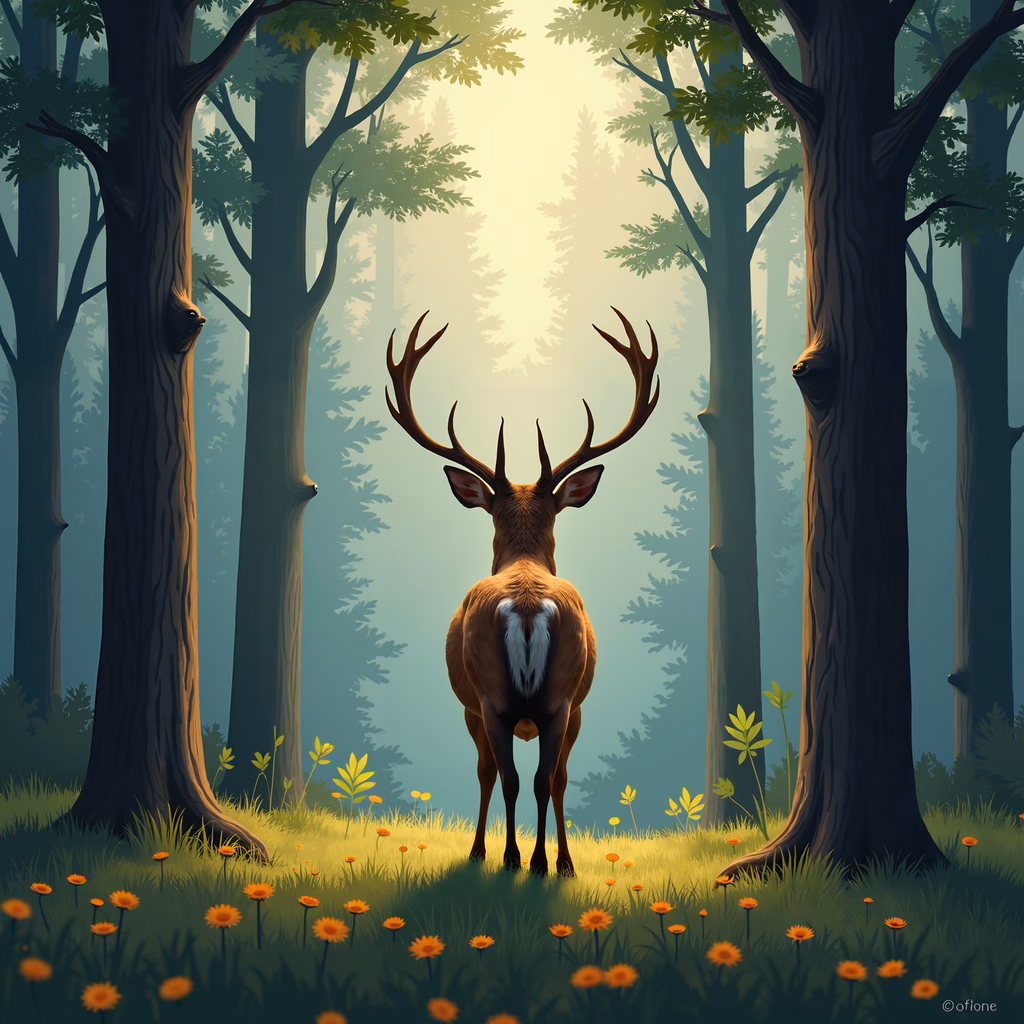 A tranquil forest scene with a deer amidst tall trees and wildflowers, evoking peace and nature connection.