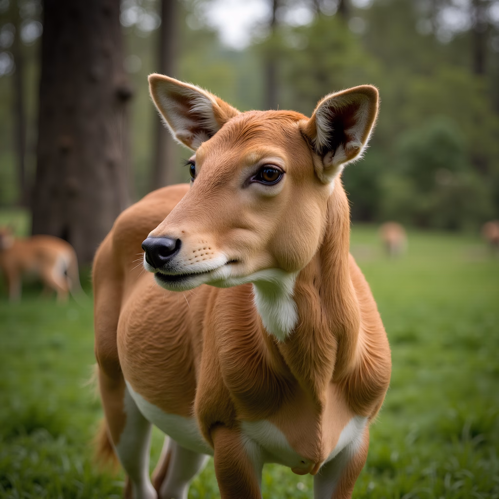 Close-up of a deer in a forest setting, highlighting its curious expression and natural surroundings.