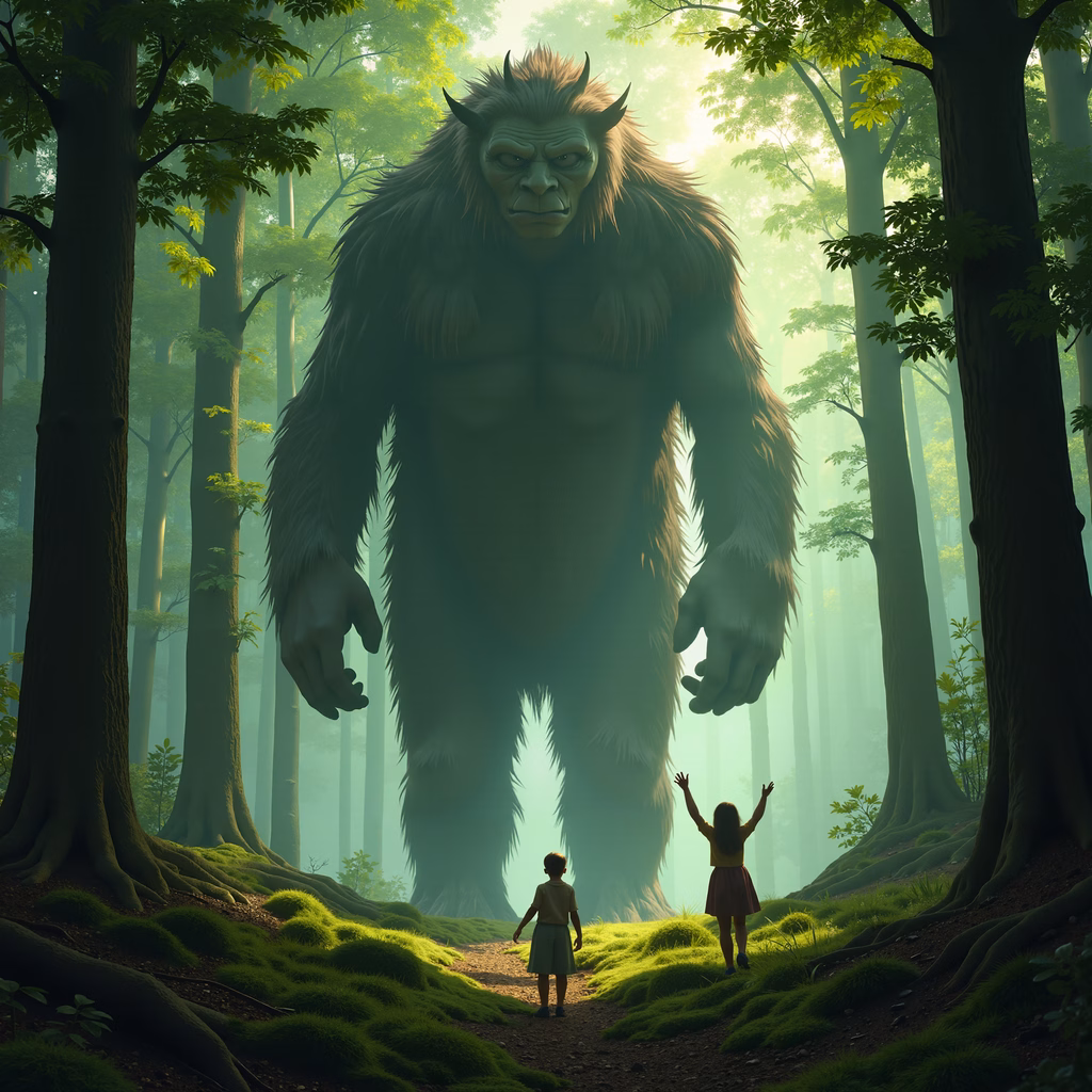 Two children encounter a giant, furry creature in a misty forest.