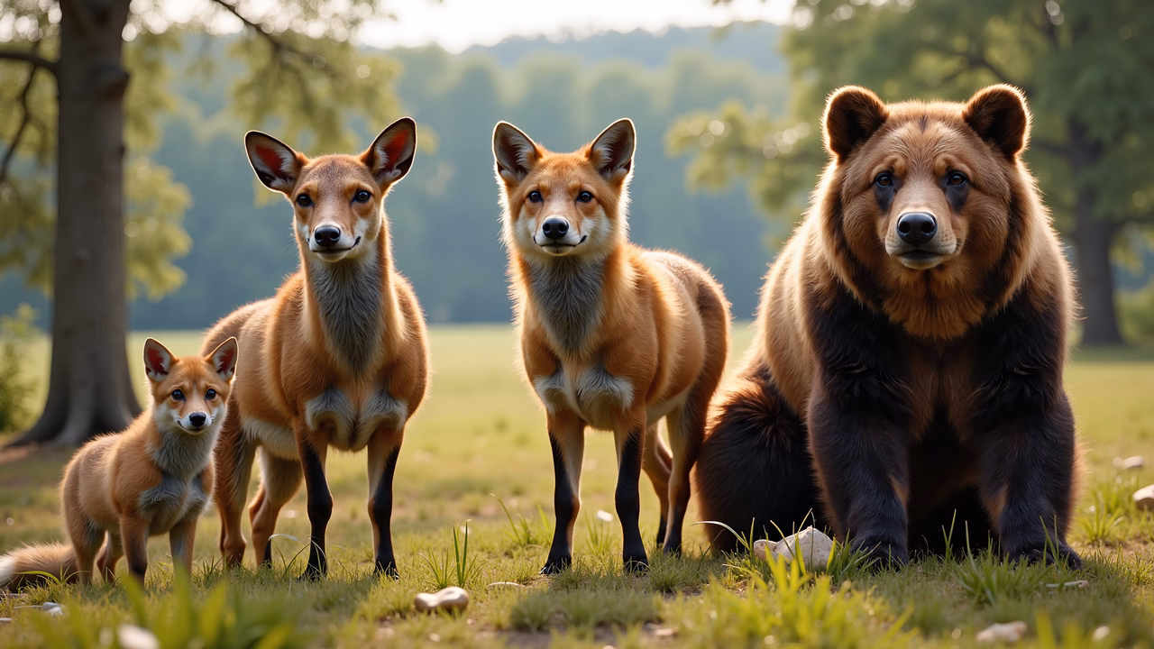 A peaceful gathering of a bear and three foxes in a sunlit forest setting.