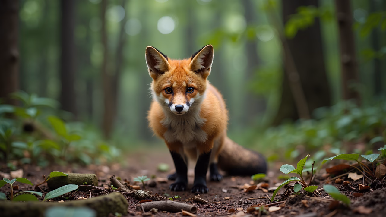 Close-up of a fox in a serene forest setting, highlighting its vibrant fur and natural surroundings.