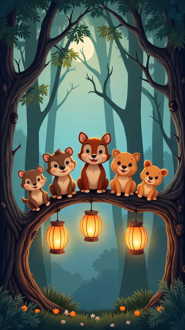 A family of forest animals enjoying a peaceful evening under lantern light.