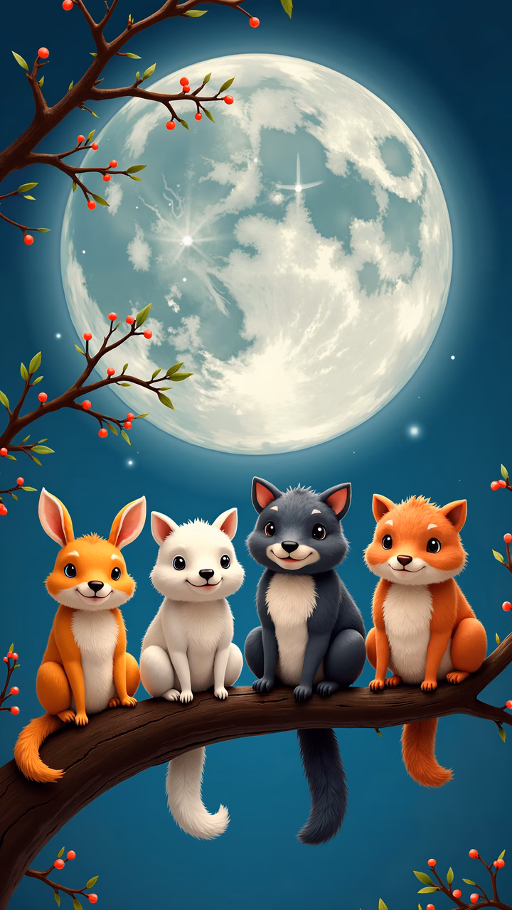 Four cute woodland animals share a peaceful moment under the moonlit sky.