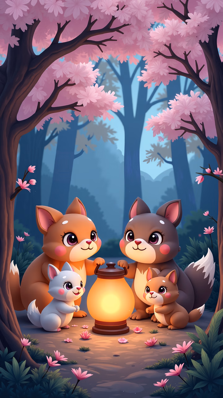 A family of foxes enjoying a lantern in a blossoming forest.