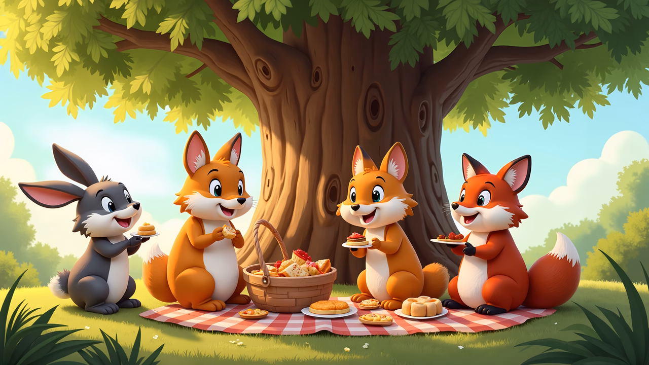 A group of friendly forest animals enjoying a picnic under a tree, featuring warm colors and a cozy atmosphere.