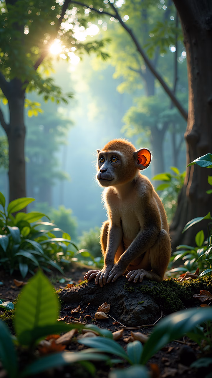 A peaceful moment captured in a forest, featuring a young monkey amidst lush greenery and golden light.
