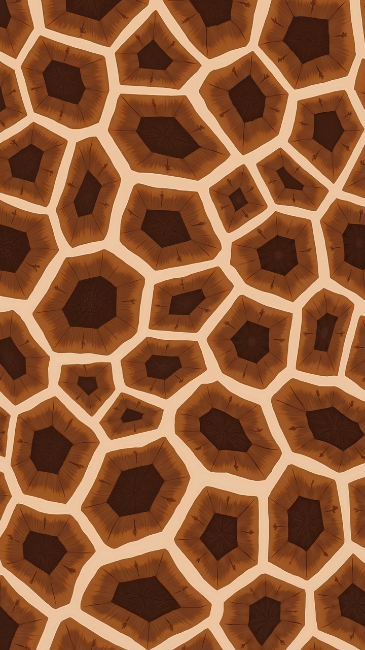 Detailed giraffe skin pattern with repeating hexagons in earthy tones.