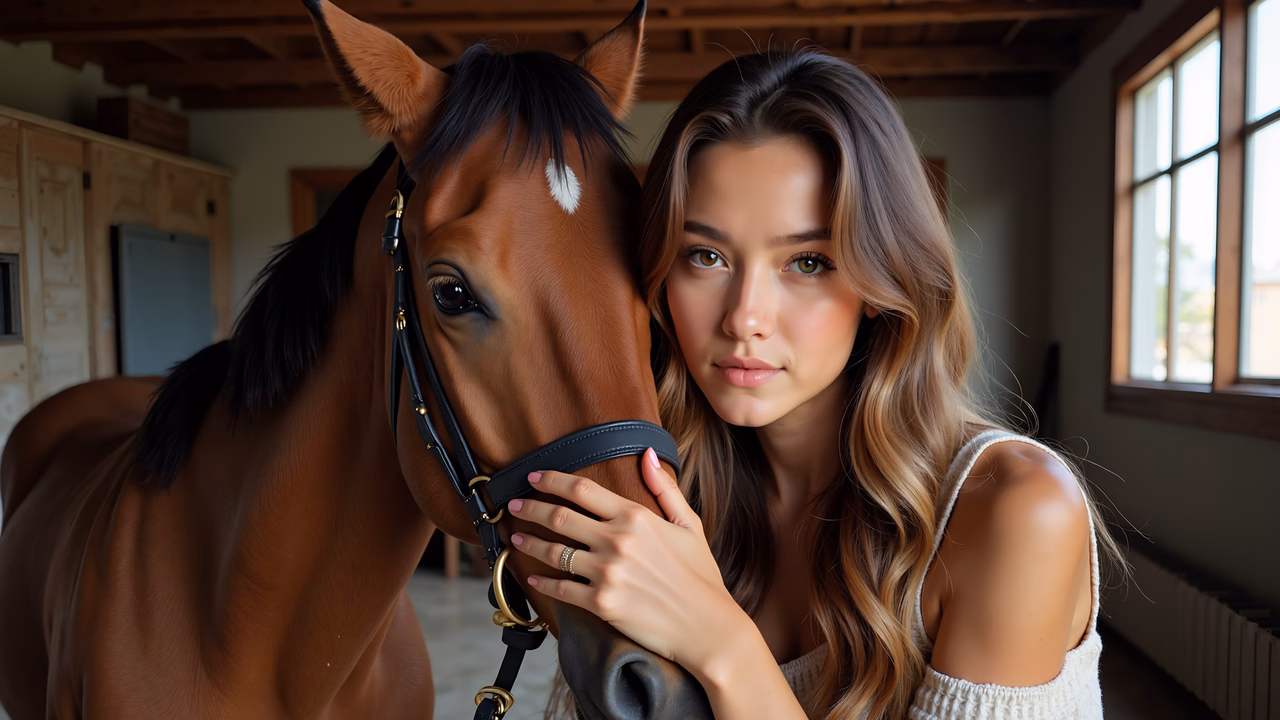 Close-up portrait of a girl and her horse in a stable setting.