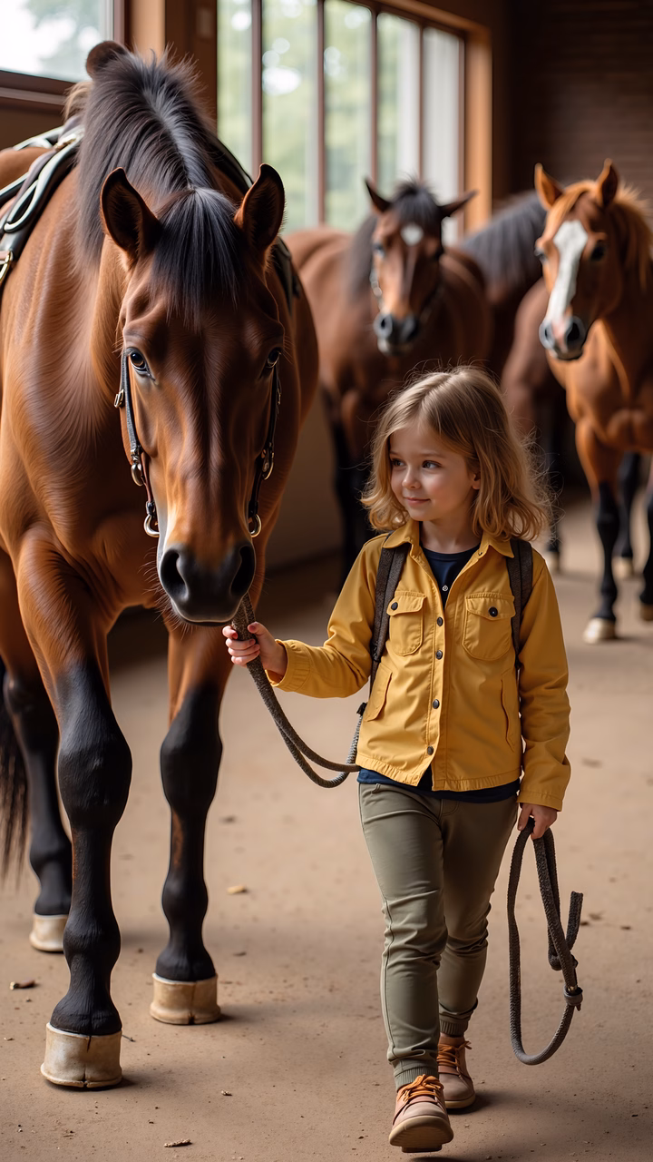 A girl leads a horse through a stable, showcasing a moment of connection between human and animal.