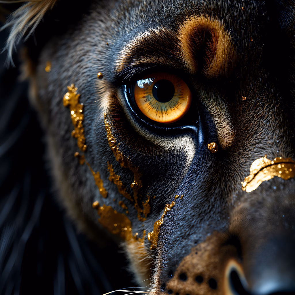 Close-up of a dog's eye with golden splashes, dramatic animal art.