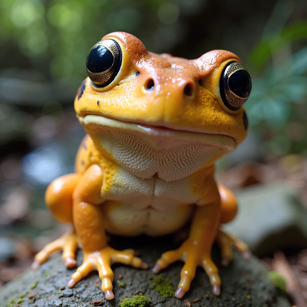 Close-up of a golden frog in a lush forest setting.