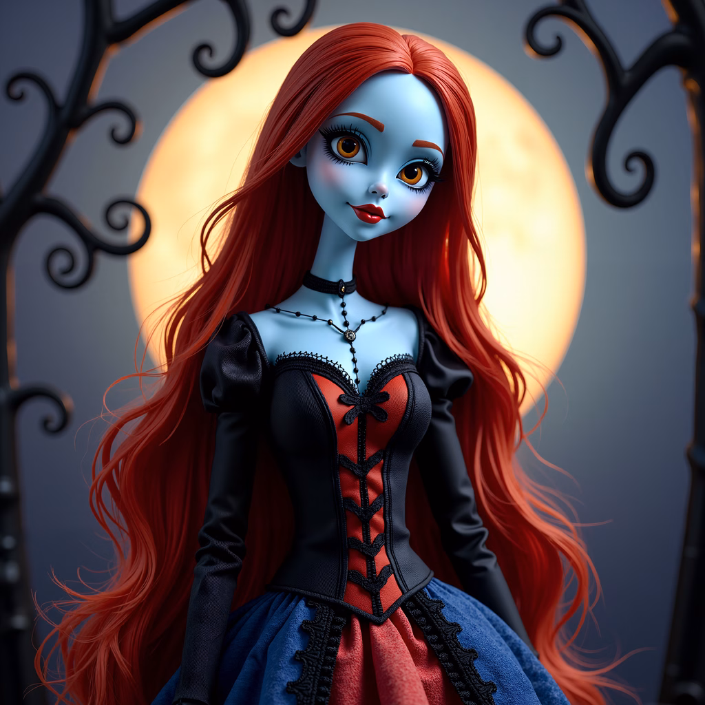 Gothic beauty with red hair and a moonlit backdrop