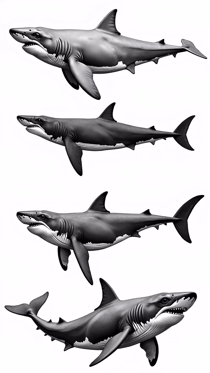 Detailed black-and-white illustration of great white sharks