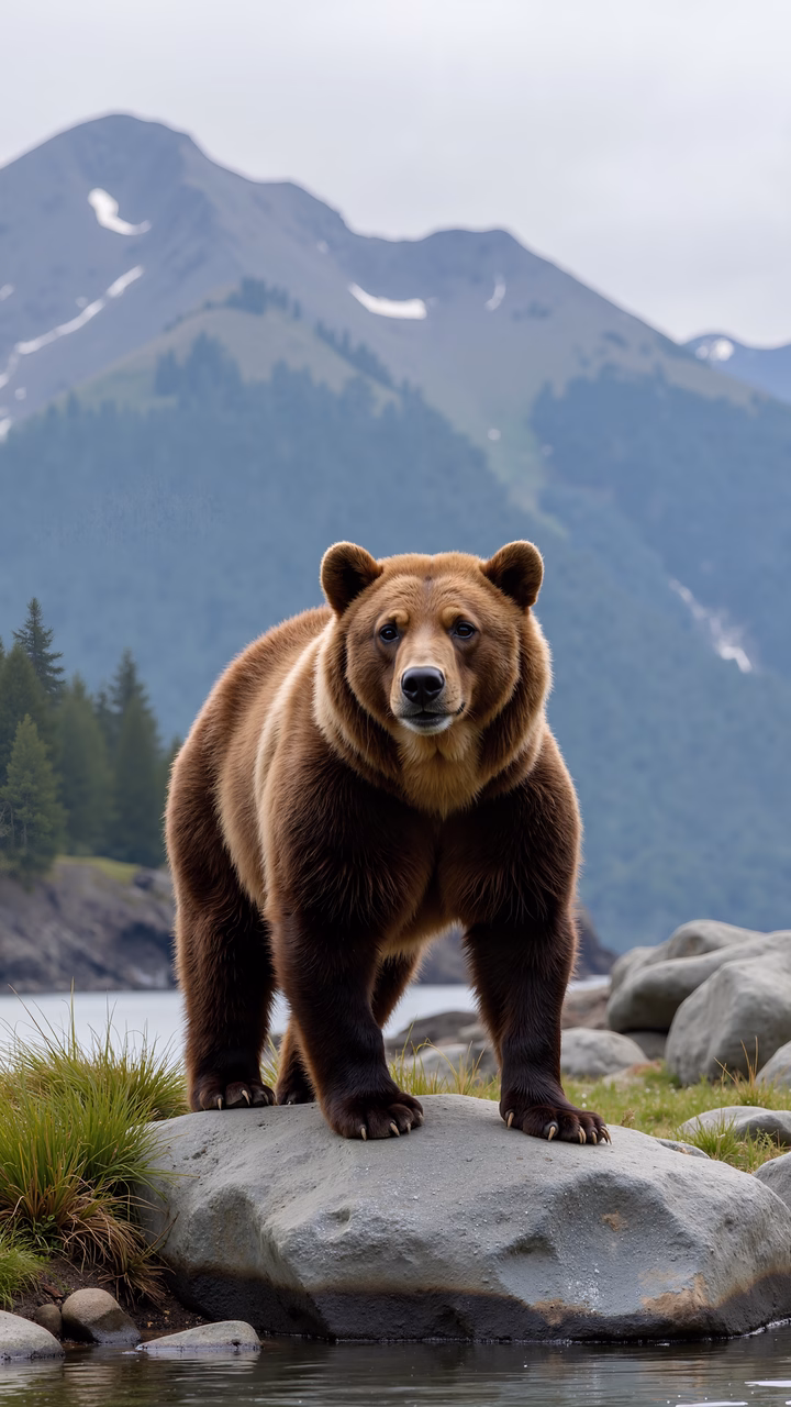 A grizzly bear on a rocky outcrop amidst a peaceful mountain landscape.