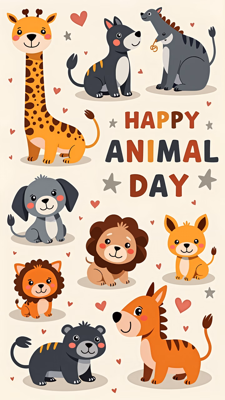 Cute animal illustrations celebrating 'Happy Animal Day'.