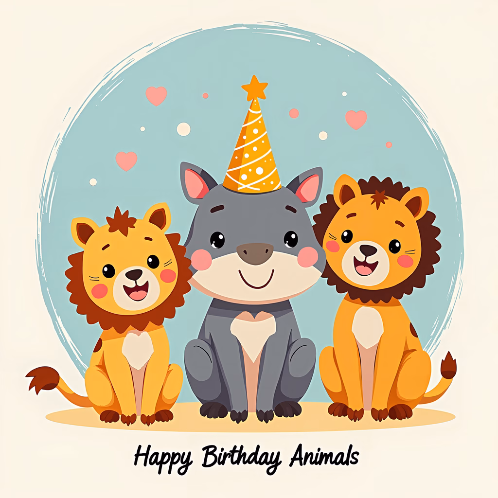 Cute animals celebrating a birthday with hearts and a party hat.