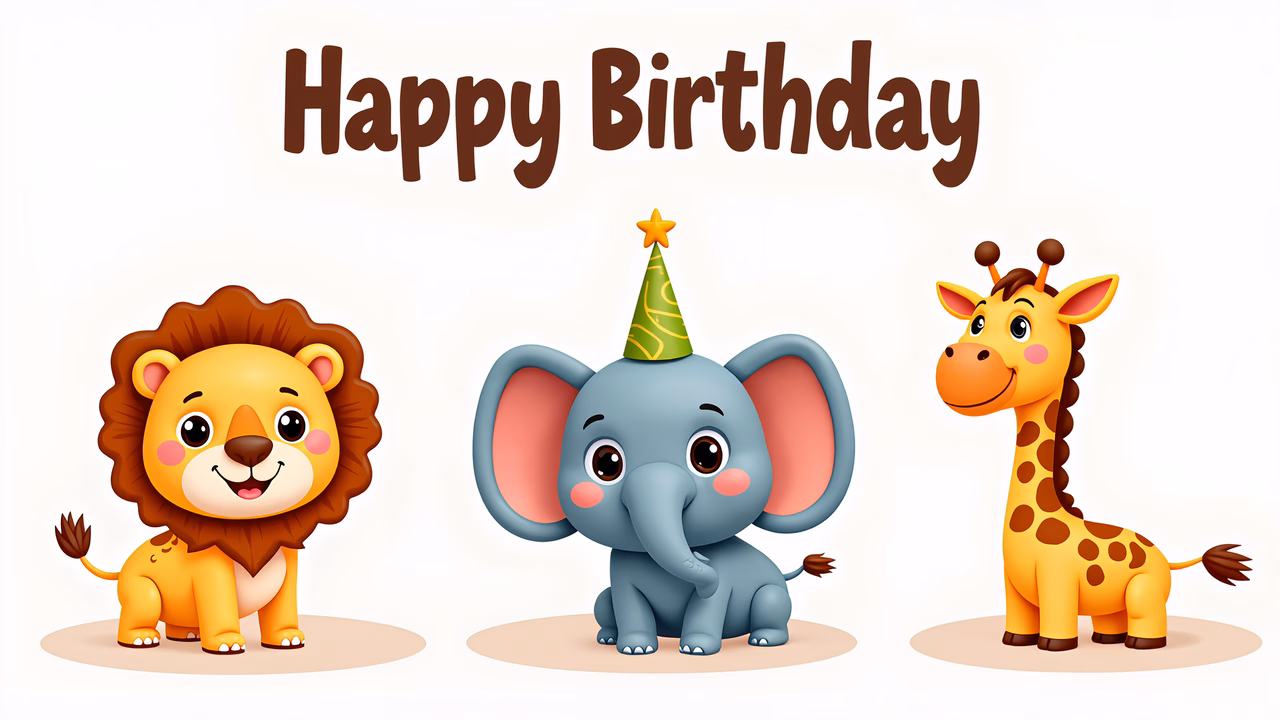 Cute cartoon animals celebrating a birthday with a festive touch.