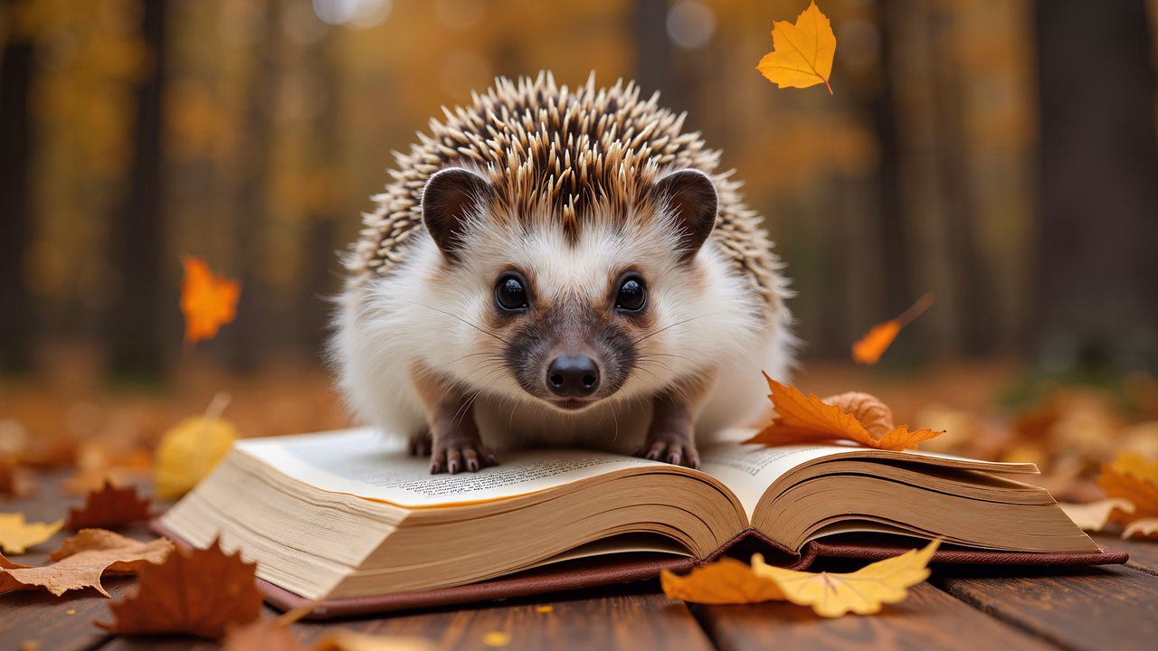A hedgehog reading amidst autumn leaves, evoking warmth and intellect.