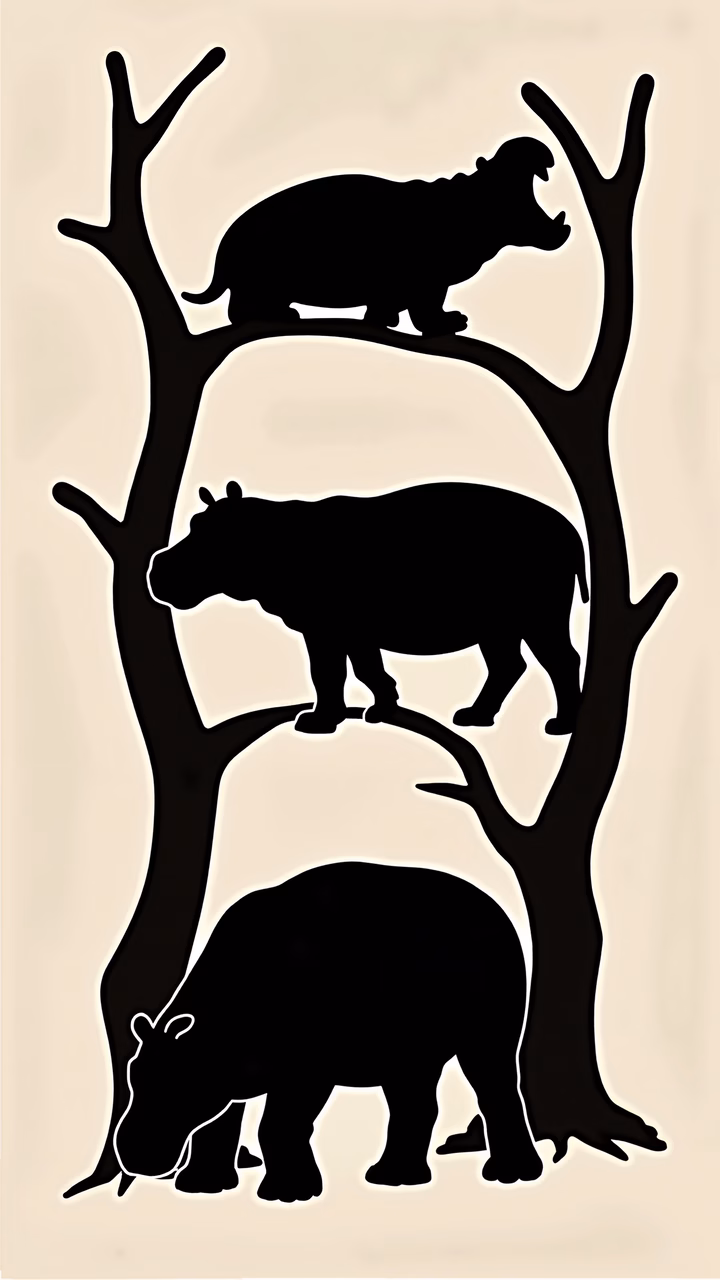 Black silhouettes of hippos against a light beige background, creating a striking contrast.