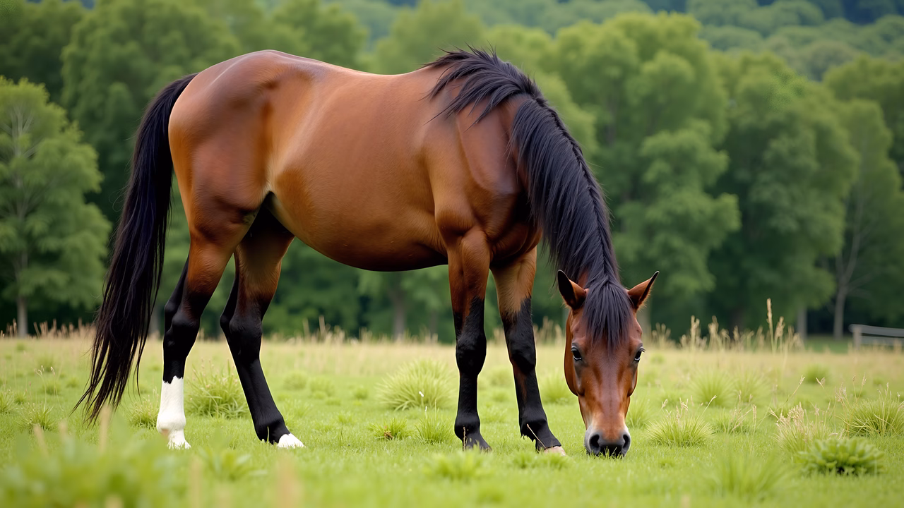 A serene horse grazing in a vibrant green pasture, surrounded by lush trees.