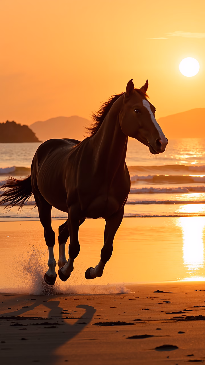 A horse running on the beach at sunset, capturing the essence of freedom and vitality.