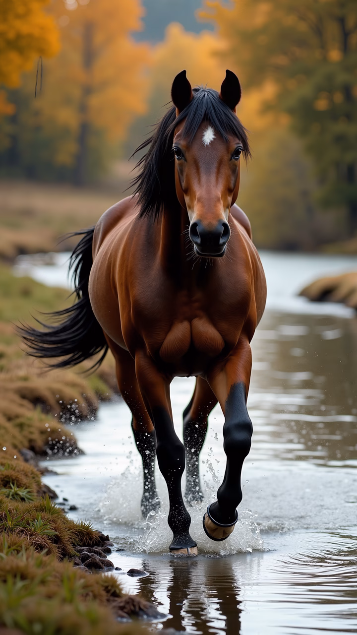A horse running through water, surrounded by autumn colors, symbolizing freedom and vitality.