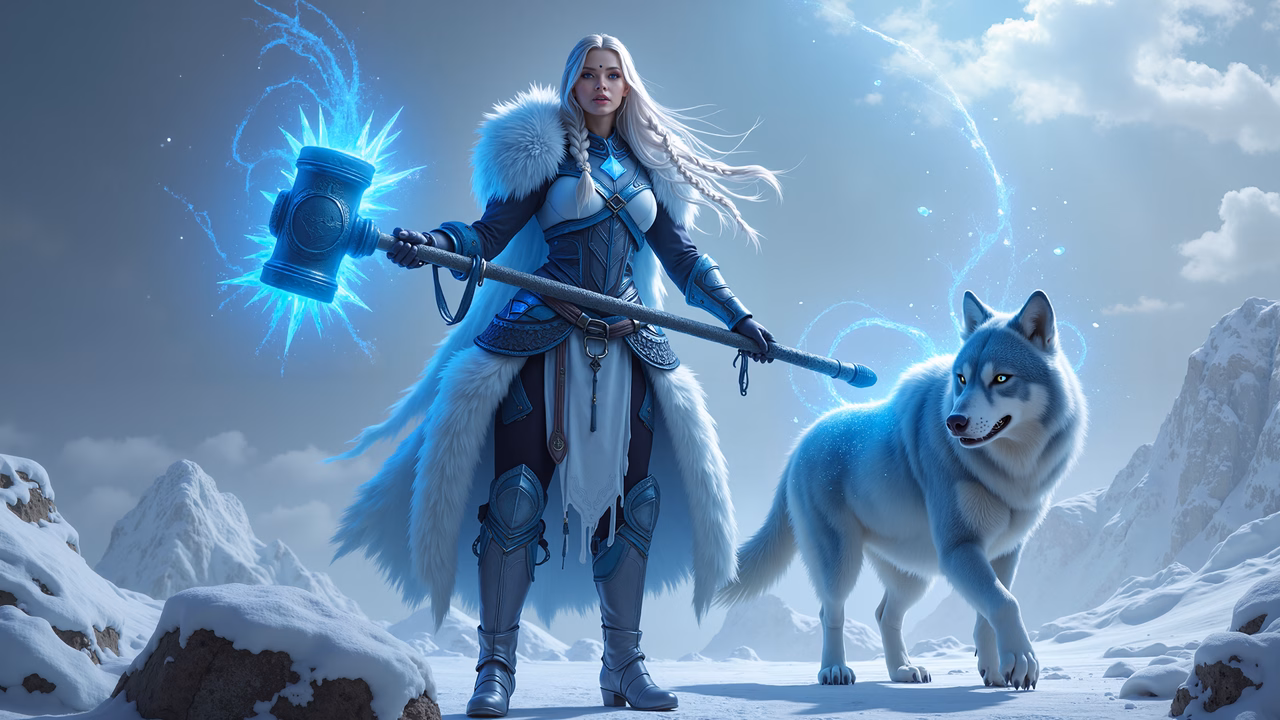 Frosty warrior and wolf in a snowy fantasy setting.