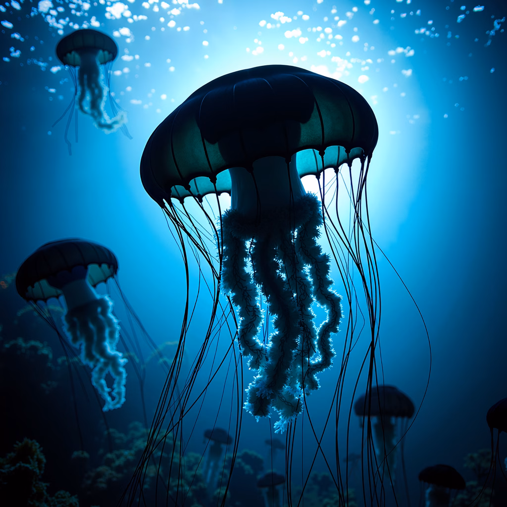 Mesmerizing jellyfish illuminated by bioluminescence in the deep blue ocean.