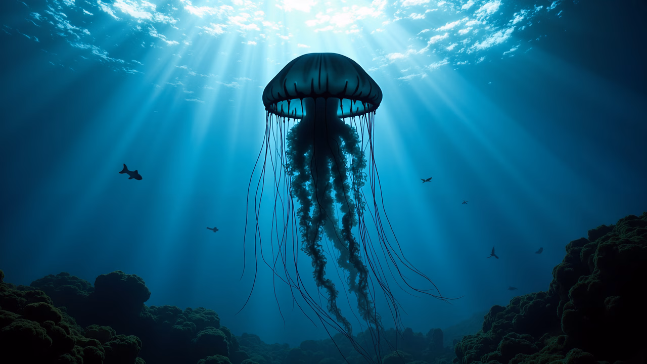 A graceful jellyfish in a tranquil underwater world, illuminated by sunbeams.