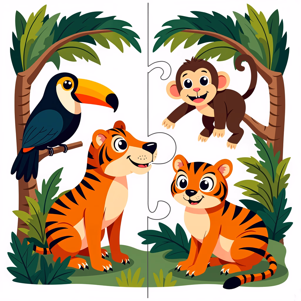 Brightly colored jungle animals in a playful setting.