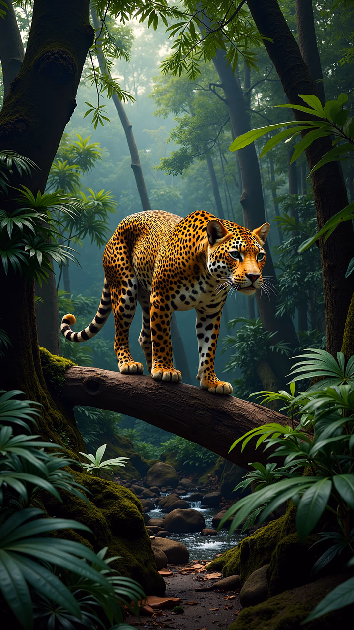 Vibrant illustration of a jaguar in a lush jungle setting, showcasing wildlife art.