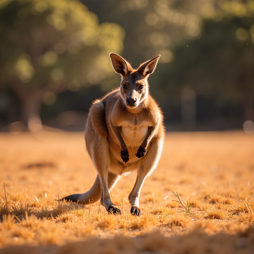 A kangaroo in a golden field, symbolizing nature and wildlife.