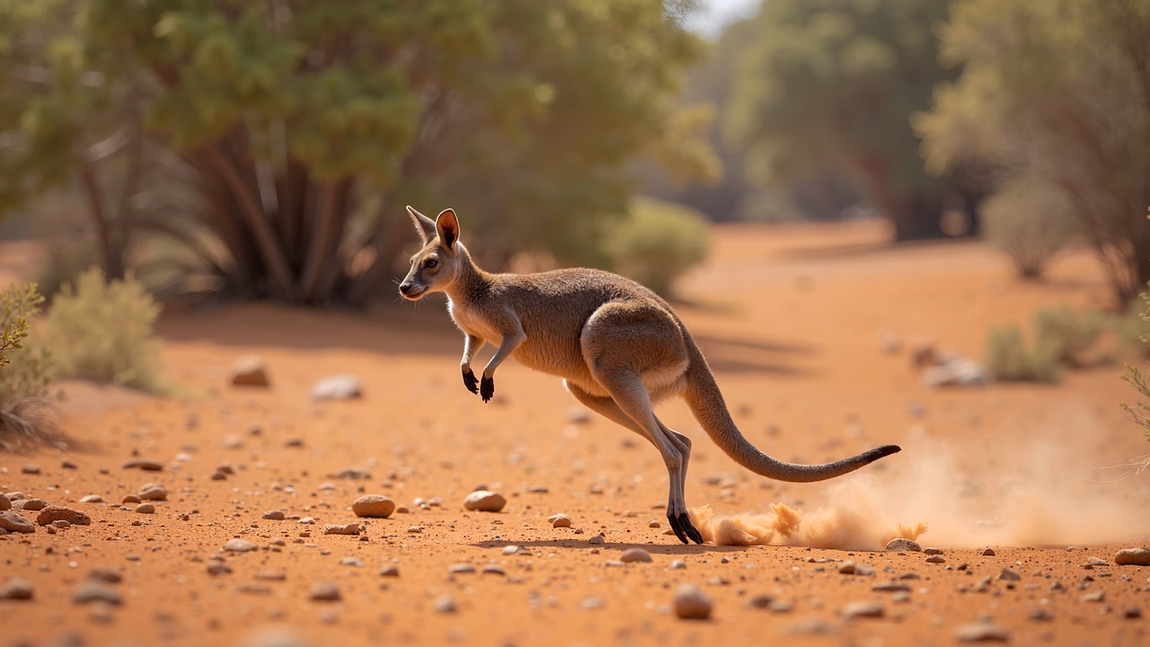 Dynamic kangaroo leap in a dusty, reddish landscape under warm sunlight.