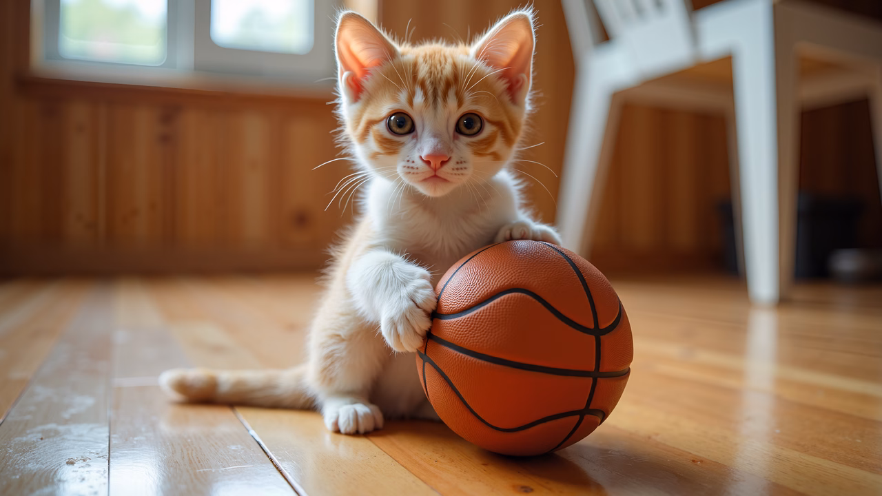 A kitten playing with a basketball on a wooden floor, capturing innocence and playfulness.