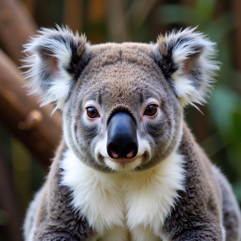 Close-up of a koala with soft fur and expressive eyes, set against a blurred natural background.