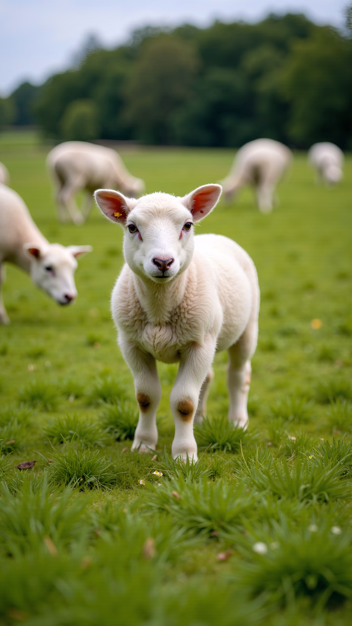 Close-up of a lamb in a green pasture, serene pastoral scene.