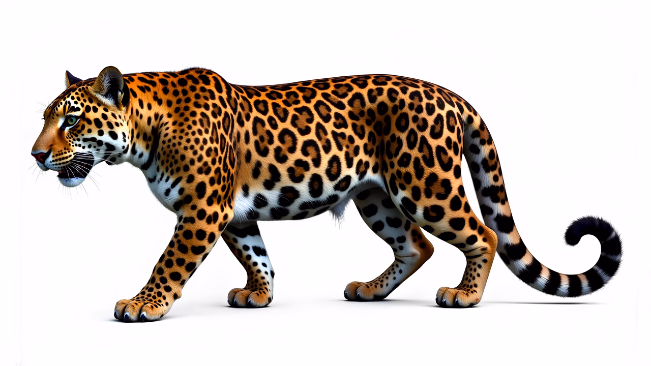 Detailed illustration of a walking leopard with striking orange and black spots against a white background.