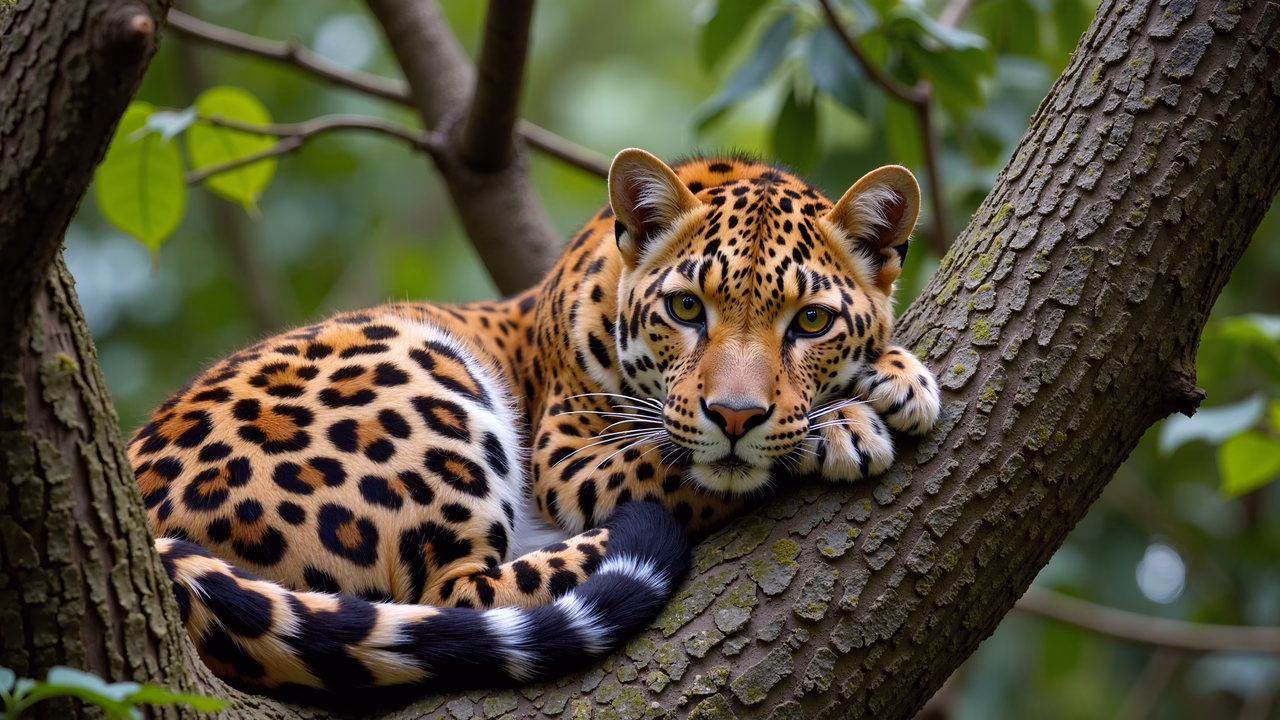 Close-up of a leopard resting in a tree, highlighting its spotted coat and natural surroundings.