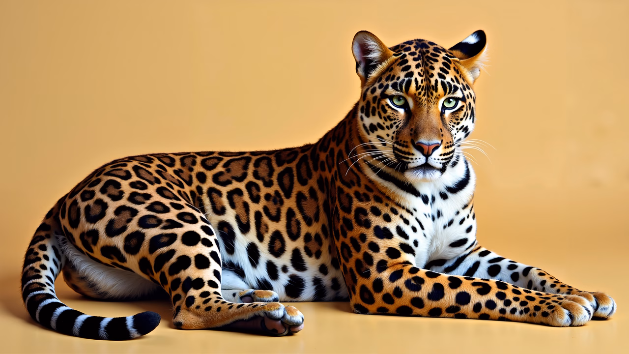 Close-up of a leopard with detailed spots, set against a soft yellow backdrop.