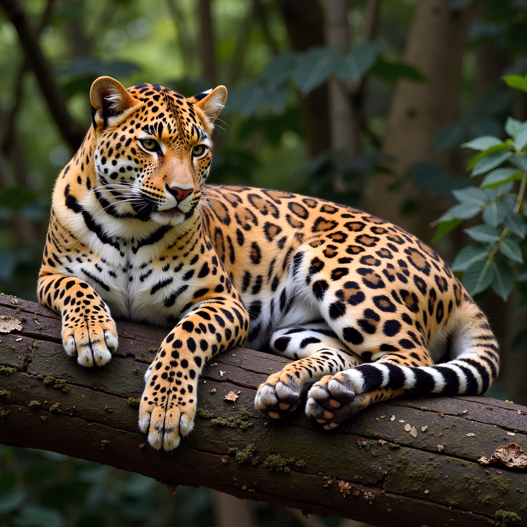 A serene leopard resting amidst nature's vibrant greens and earthy tones.