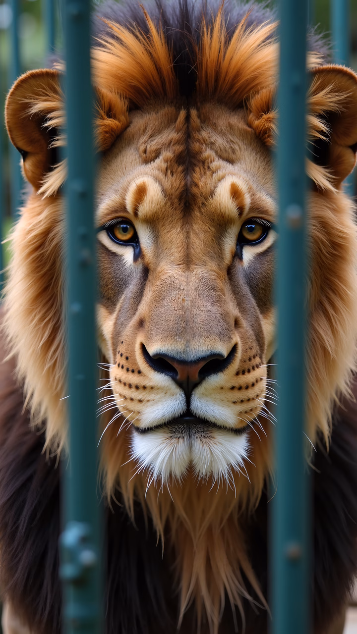 Close-up of a lion behind bars, highlighting its majestic features and the contrast between nature and captivity.