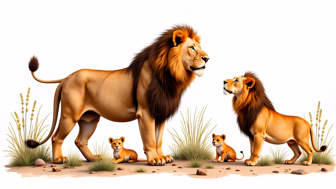 A detailed illustration of a lion family in their natural habitat, showcasing their majestic presence.