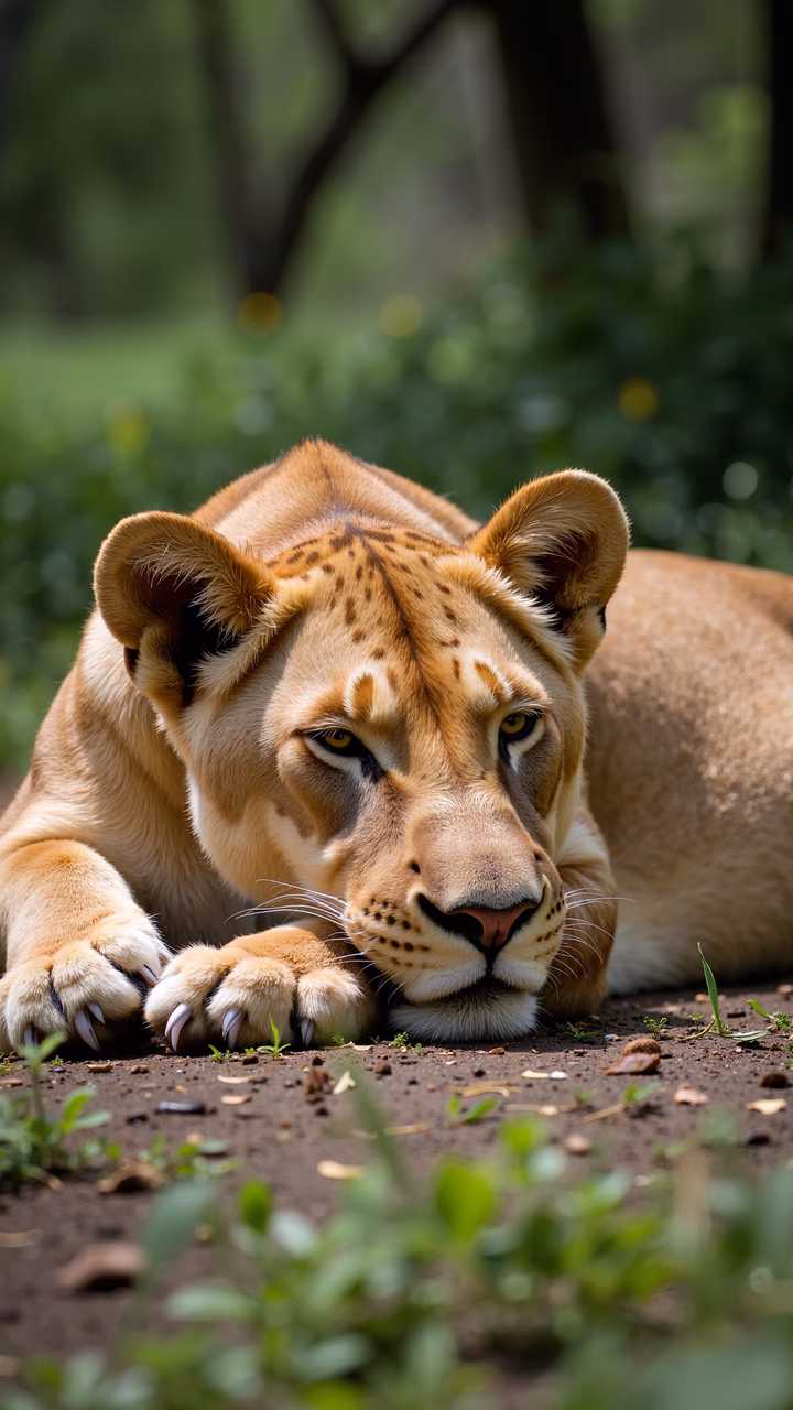 Close-up of a lioness resting amidst greenery, showcasing natural beauty and tranquility.