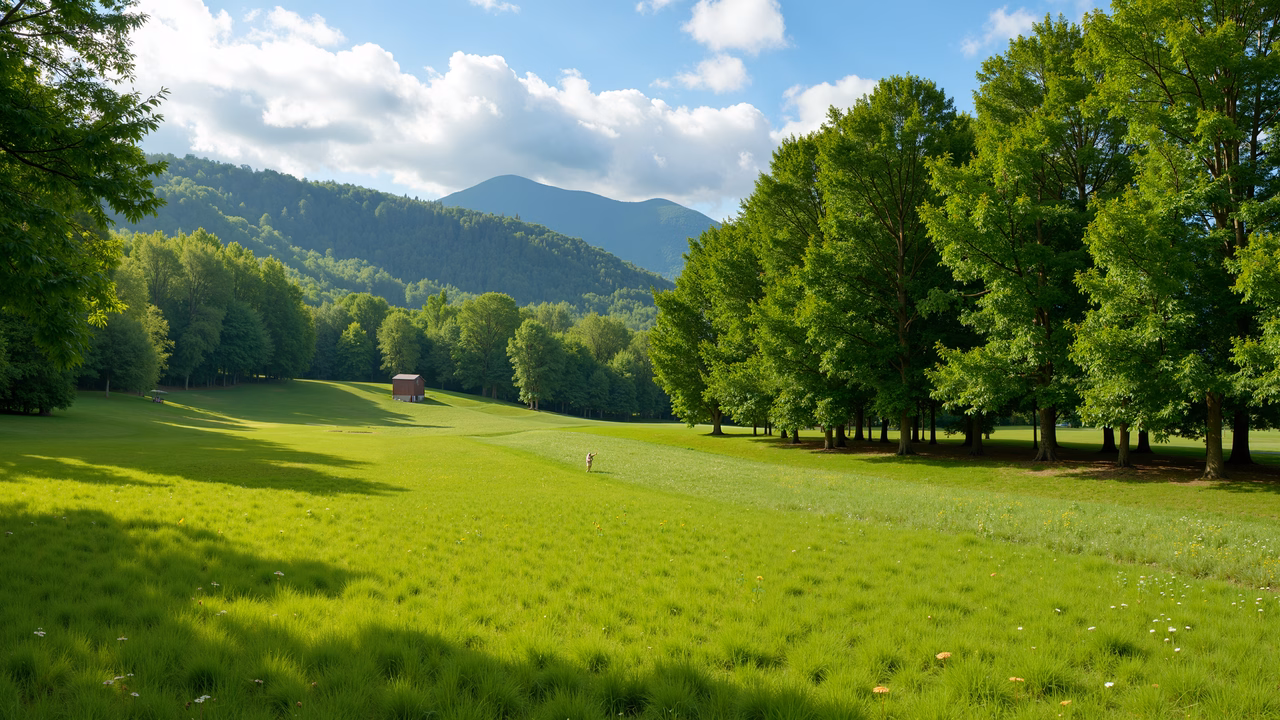 Vibrant green meadow under a bright blue sky with rolling hills in the background.