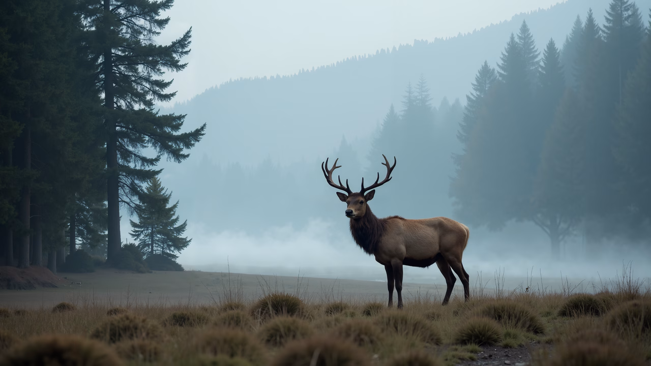 A solitary elk in a misty forest, showcasing the tranquility of nature.